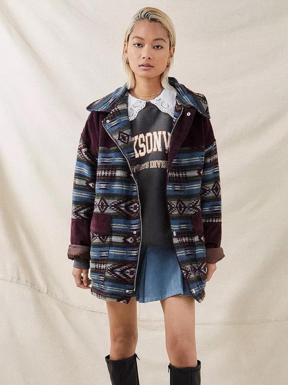 BDG Aztec-Pattern Utility Jacket in Burgundy and Blue